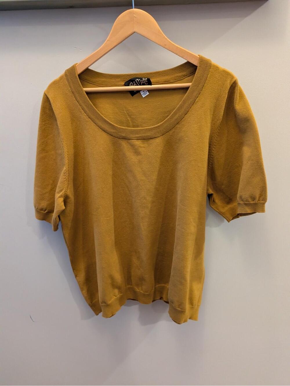 1X Bob Mackie Wearable Art Mustard Bronze Short Sleeve Cotton Blend Shirt